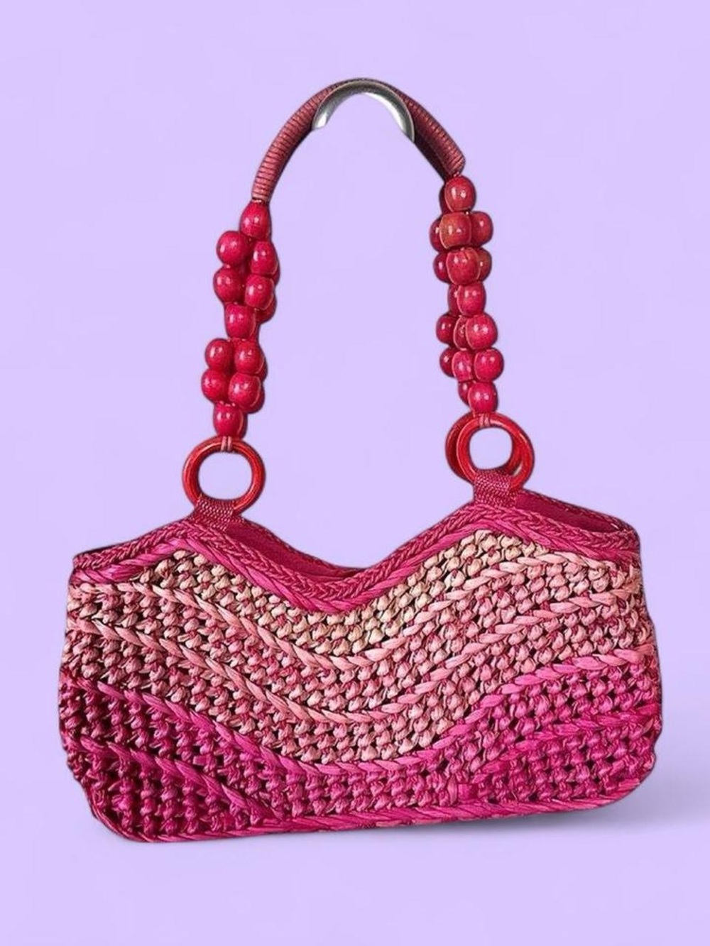 Woven Pink Ombre Shoulder Bag with Beaded Handle